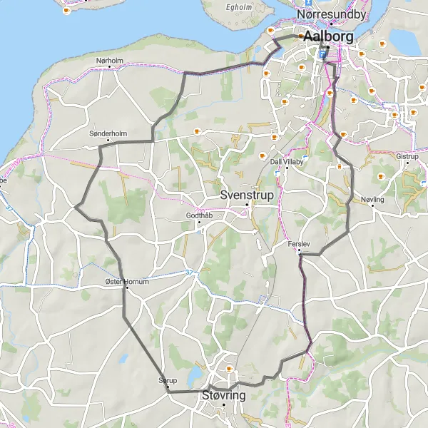 Map miniature of "Sørup and Vestbyen Circuit" cycling inspiration in Nordjylland, Denmark. Generated by Tarmacs.app cycling route planner