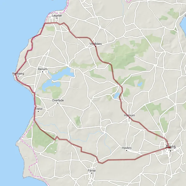 Map miniature of "Aars to Hornum Gravel Cycling Tour" cycling inspiration in Nordjylland, Denmark. Generated by Tarmacs.app cycling route planner