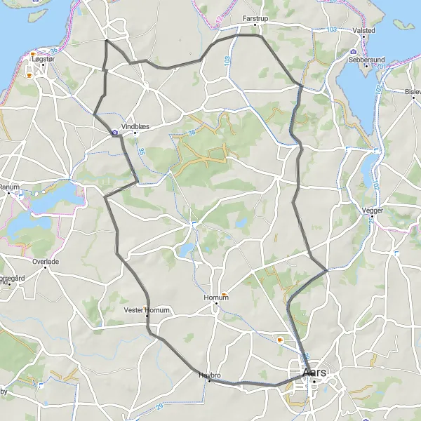 Map miniature of "The Hornum Loop" cycling inspiration in Nordjylland, Denmark. Generated by Tarmacs.app cycling route planner