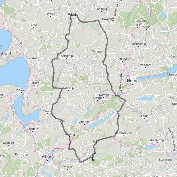 Map miniature of "Aars to Sønder Gislum Road Cycling Tour" cycling inspiration in Nordjylland, Denmark. Generated by Tarmacs.app cycling route planner