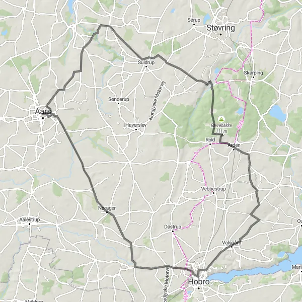 Map miniature of "Aars to Borremose Fæstningen Road Cycling Tour" cycling inspiration in Nordjylland, Denmark. Generated by Tarmacs.app cycling route planner