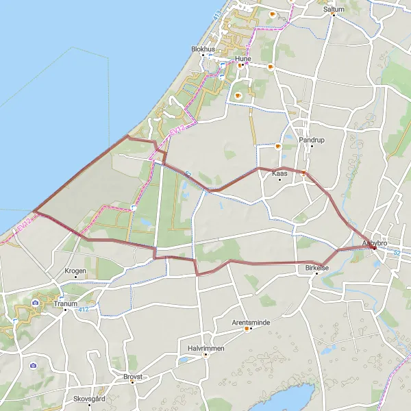 Miniaturekort af cykelinspirationen "Grusvej fra Åbybro til Birkelse og Kaas" i Nordjylland, Denmark. Genereret af Tarmacs.app cykelruteplanlægger