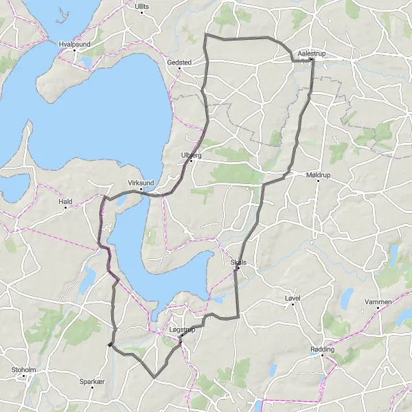 Map miniature of "Ålestrup - Gammel Hvam - Østerbølle" cycling inspiration in Nordjylland, Denmark. Generated by Tarmacs.app cycling route planner