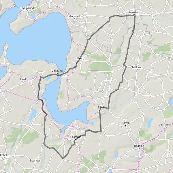 Map miniature of "Ålestrup - Skals - Ulbjerg" cycling inspiration in Nordjylland, Denmark. Generated by Tarmacs.app cycling route planner