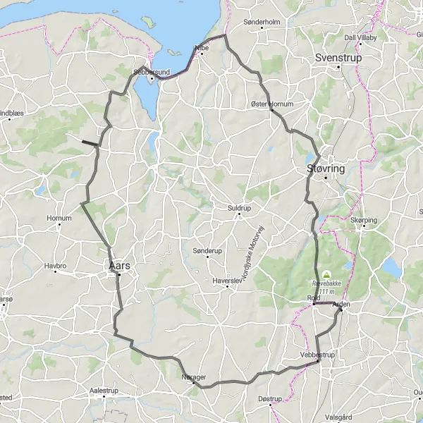 Map miniature of "Arden to Rold Round Trip" cycling inspiration in Nordjylland, Denmark. Generated by Tarmacs.app cycling route planner