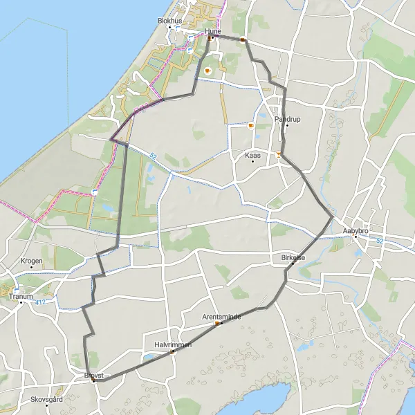 Miniaturekort af cykelinspirationen "Brovst til Arentsminde Road Cykeltur" i Nordjylland, Denmark. Genereret af Tarmacs.app cykelruteplanlægger