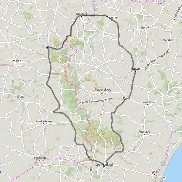 Miniaturekort af cykelinspirationen "Dronninglund - Ørsø Scenic Road Cycling Circuit" i Nordjylland, Denmark. Genereret af Tarmacs.app cykelruteplanlægger