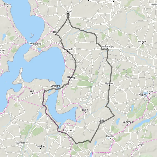 Map miniature of "Møldrup and Løvel Circuit Cycling Route" cycling inspiration in Nordjylland, Denmark. Generated by Tarmacs.app cycling route planner