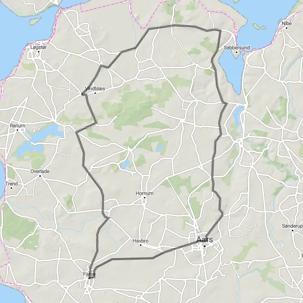 Map miniature of "Vester Hornum Circuit Cycling Route" cycling inspiration in Nordjylland, Denmark. Generated by Tarmacs.app cycling route planner
