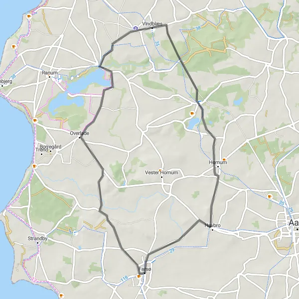 Map miniature of "Overlade to Havbro Round-trip Cycling Route" cycling inspiration in Nordjylland, Denmark. Generated by Tarmacs.app cycling route planner