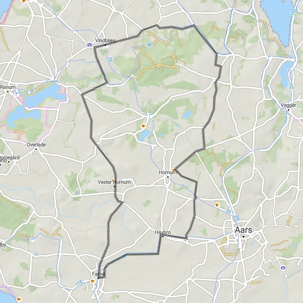 Miniaturekort af cykelinspirationen "Landevej gennem Vindblæs og Havbro" i Nordjylland, Denmark. Genereret af Tarmacs.app cykelruteplanlægger