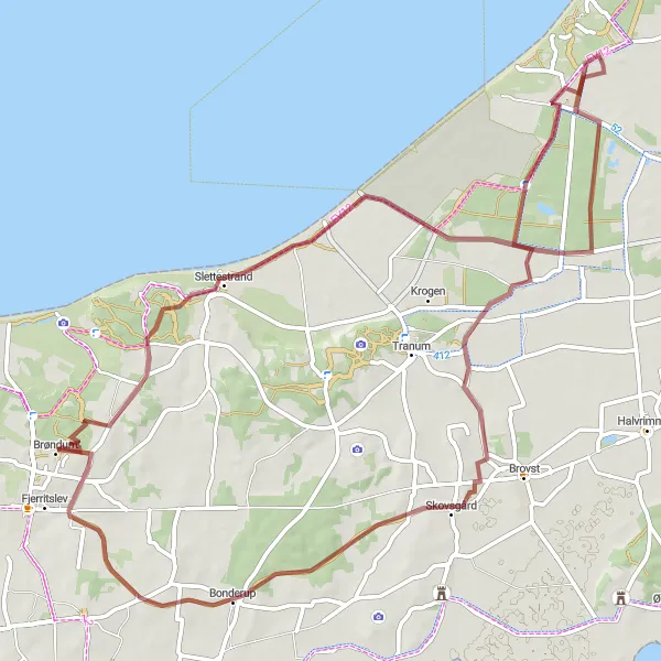 Miniaturekort af cykelinspirationen "Grus cykelrute til Slettestrand og Kollerup" i Nordjylland, Denmark. Genereret af Tarmacs.app cykelruteplanlægger