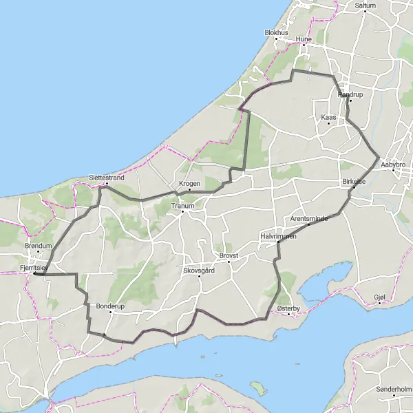 Miniaturekort af cykelinspirationen "Kystnære rute gennem Nordjylland" i Nordjylland, Denmark. Genereret af Tarmacs.app cykelruteplanlægger