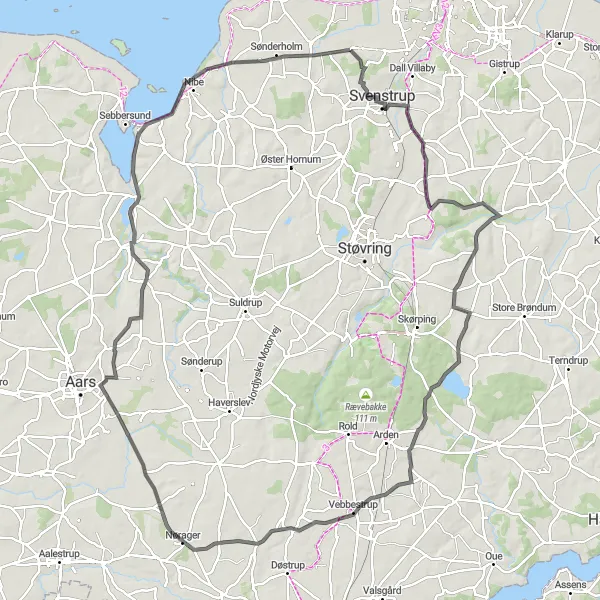 Map miniature of "Rolling Hills and Historical Sites Route" cycling inspiration in Nordjylland, Denmark. Generated by Tarmacs.app cycling route planner