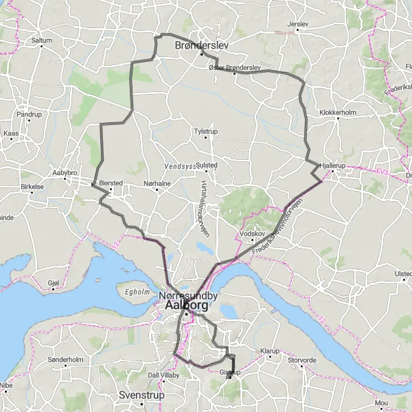 Map miniature of "Aalborg and Brønderslev Loop" cycling inspiration in Nordjylland, Denmark. Generated by Tarmacs.app cycling route planner