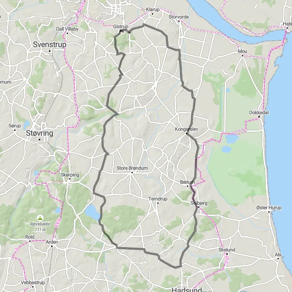 Map miniature of "Alsbjerg and Astrup Adventure" cycling inspiration in Nordjylland, Denmark. Generated by Tarmacs.app cycling route planner