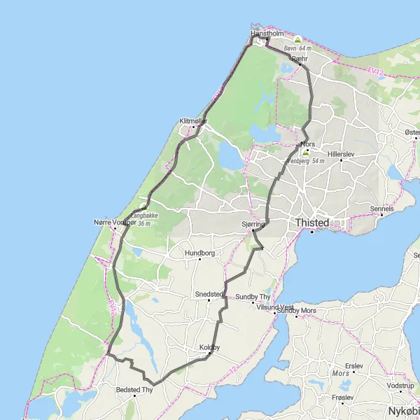 Map miniature of "Hanstholm - Koldby - Hanstholm" cycling inspiration in Nordjylland, Denmark. Generated by Tarmacs.app cycling route planner