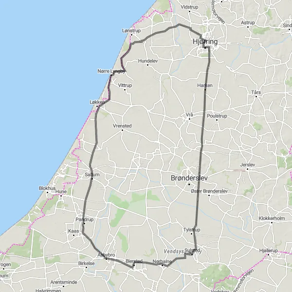 Map miniature of "North Jutland Adventure" cycling inspiration in Nordjylland, Denmark. Generated by Tarmacs.app cycling route planner