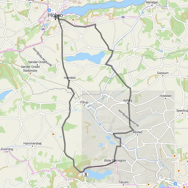 Map miniature of "Hobro to Handest Route" cycling inspiration in Nordjylland, Denmark. Generated by Tarmacs.app cycling route planner