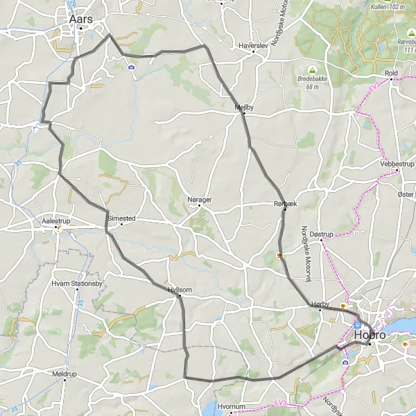 Map miniature of "Hobro-Borremose Fæstningen Loop" cycling inspiration in Nordjylland, Denmark. Generated by Tarmacs.app cycling route planner