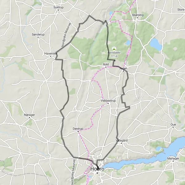 Map miniature of "Hobro-Arden Loop" cycling inspiration in Nordjylland, Denmark. Generated by Tarmacs.app cycling route planner