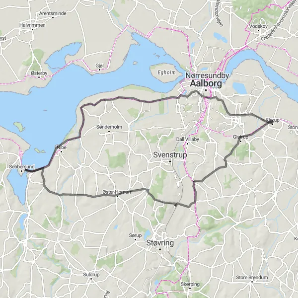 Map miniature of "Aalborg Countryside Adventure" cycling inspiration in Nordjylland, Denmark. Generated by Tarmacs.app cycling route planner