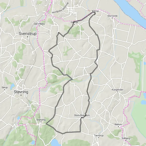 Map miniature of "The Hills of Klarup" cycling inspiration in Nordjylland, Denmark. Generated by Tarmacs.app cycling route planner