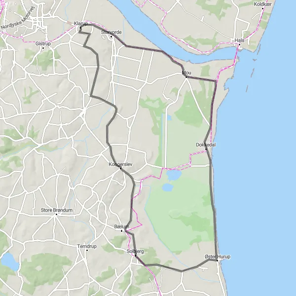 Map miniature of "Mou to Klarup Loop" cycling inspiration in Nordjylland, Denmark. Generated by Tarmacs.app cycling route planner