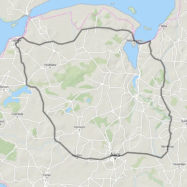 Map miniature of "Charming Villages and Countryside" cycling inspiration in Nordjylland, Denmark. Generated by Tarmacs.app cycling route planner