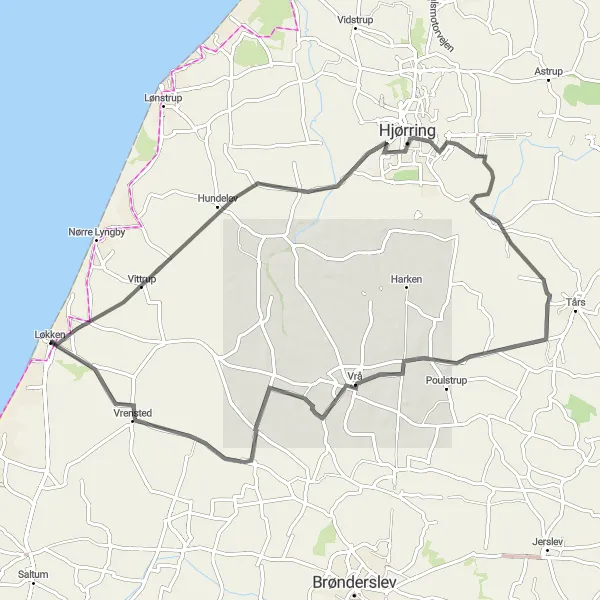 Map miniature of "Scenic Road Cycling in Løkken" cycling inspiration in Nordjylland, Denmark. Generated by Tarmacs.app cycling route planner