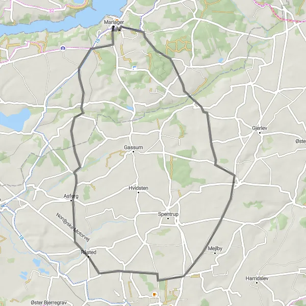 Map miniature of "The Kærbybro Loop" cycling inspiration in Nordjylland, Denmark. Generated by Tarmacs.app cycling route planner