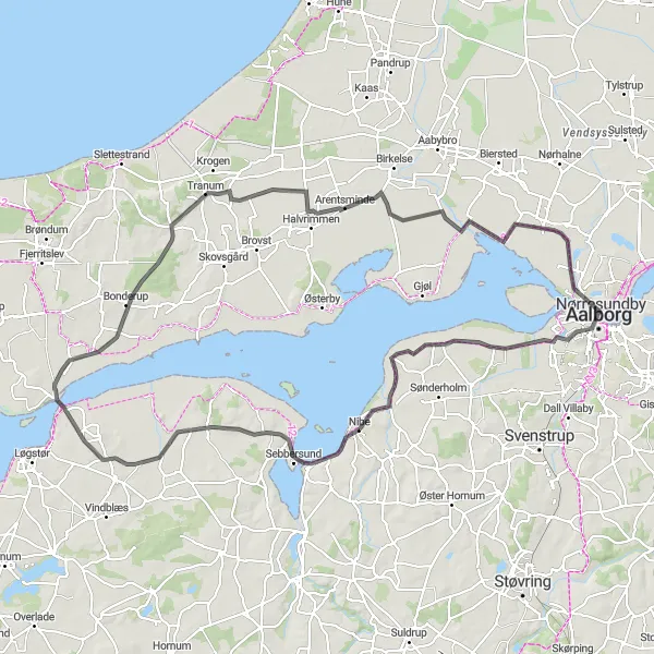 Map miniature of "Krastrup Adventure" cycling inspiration in Nordjylland, Denmark. Generated by Tarmacs.app cycling route planner