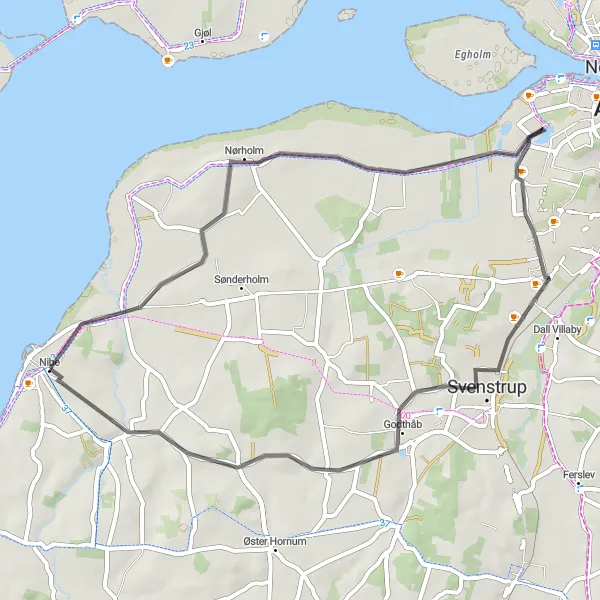 Map miniature of "Nibe to Skallum" cycling inspiration in Nordjylland, Denmark. Generated by Tarmacs.app cycling route planner