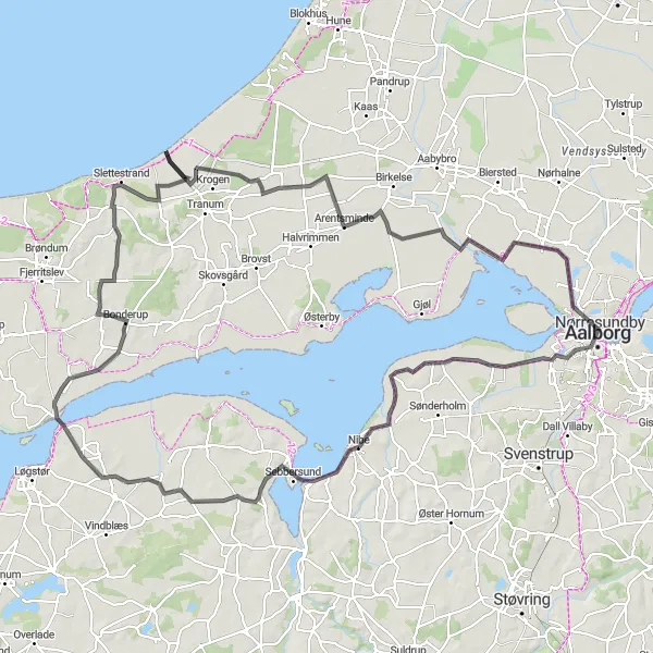 Map miniature of "Nibe to Slettestrand" cycling inspiration in Nordjylland, Denmark. Generated by Tarmacs.app cycling route planner