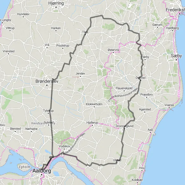 Map miniature of "Nørresundby to Lendum Round-trip" cycling inspiration in Nordjylland, Denmark. Generated by Tarmacs.app cycling route planner