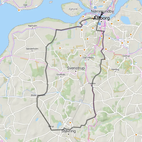 Map miniature of "Nørresundby to Volstrup Round-trip" cycling inspiration in Nordjylland, Denmark. Generated by Tarmacs.app cycling route planner