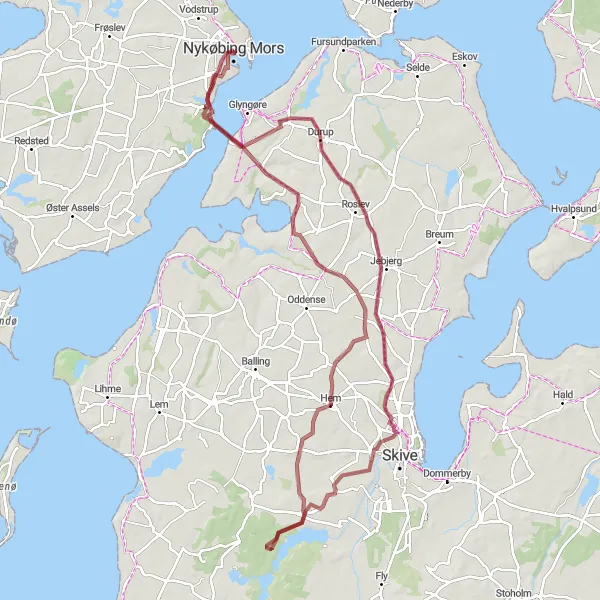 Miniaturekort af cykelinspirationen "Grusveje gennem Mors landskab" i Nordjylland, Denmark. Genereret af Tarmacs.app cykelruteplanlægger