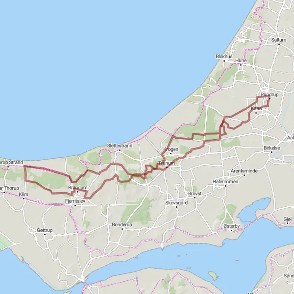 Map miniature of "Tranum Gravel Ride" cycling inspiration in Nordjylland, Denmark. Generated by Tarmacs.app cycling route planner