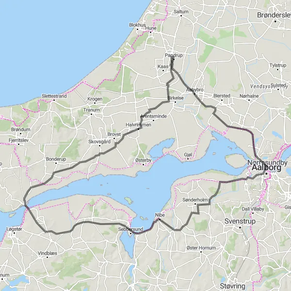 Map miniature of "Nordjylland Odyssey" cycling inspiration in Nordjylland, Denmark. Generated by Tarmacs.app cycling route planner