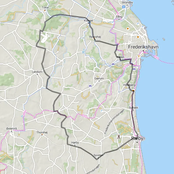 Map miniature of "Sæby to Sulbæk Adventure" cycling inspiration in Nordjylland, Denmark. Generated by Tarmacs.app cycling route planner