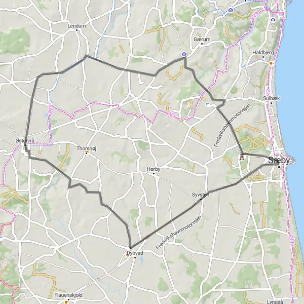 Map miniature of "Østervrå Countryside Loop" cycling inspiration in Nordjylland, Denmark. Generated by Tarmacs.app cycling route planner