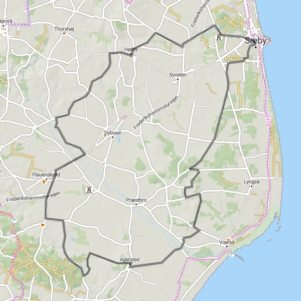 Map miniature of "Agersted to Hørby Spin" cycling inspiration in Nordjylland, Denmark. Generated by Tarmacs.app cycling route planner