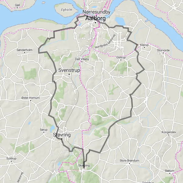 Map miniature of "Hills of Skørping" cycling inspiration in Nordjylland, Denmark. Generated by Tarmacs.app cycling route planner