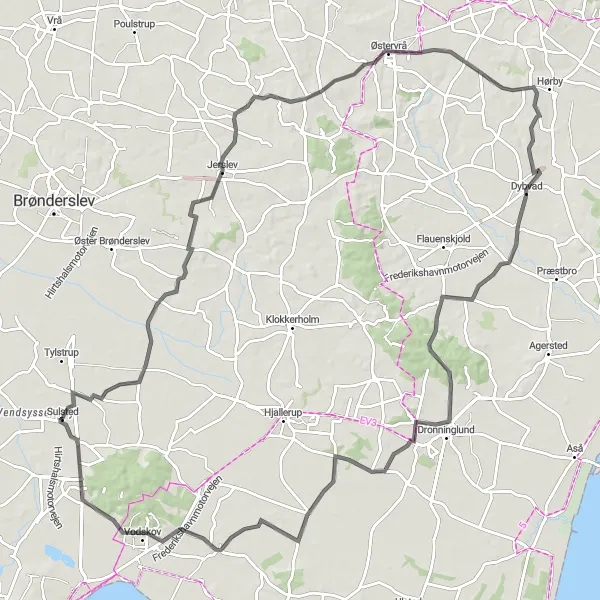 Miniaturekort af cykelinspirationen "Sulsted til Dronninglund Slot Rundtur" i Nordjylland, Denmark. Genereret af Tarmacs.app cykelruteplanlægger