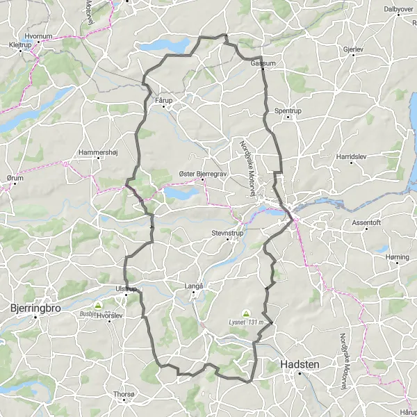 Map miniature of "Randers and Glenstrup Extended" cycling inspiration in Nordjylland, Denmark. Generated by Tarmacs.app cycling route planner