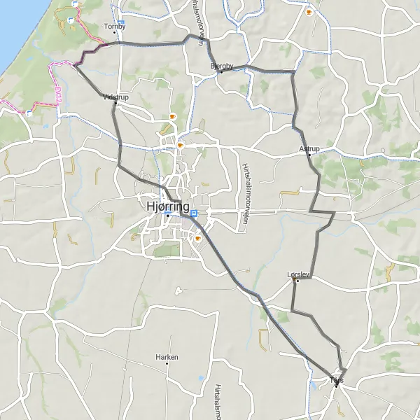 Miniaturekort af cykelinspirationen "Tårs til Lørslev Cykelrute" i Nordjylland, Denmark. Genereret af Tarmacs.app cykelruteplanlægger