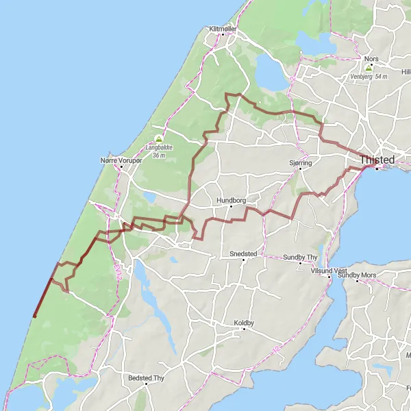 Miniaturekort af cykelinspirationen "Grusvejrute til Hundborg og Thorsted" i Nordjylland, Denmark. Genereret af Tarmacs.app cykelruteplanlægger