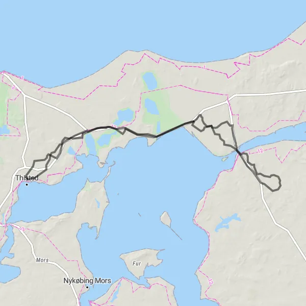 Map miniature of "Thisted Countryside Road Tour" cycling inspiration in Nordjylland, Denmark. Generated by Tarmacs.app cycling route planner