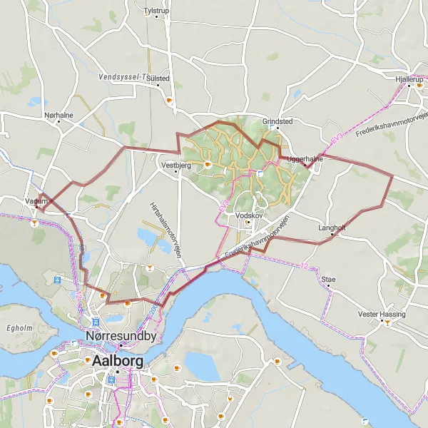 Map miniature of "Vadum to Vestbjerg Gravel Route" cycling inspiration in Nordjylland, Denmark. Generated by Tarmacs.app cycling route planner