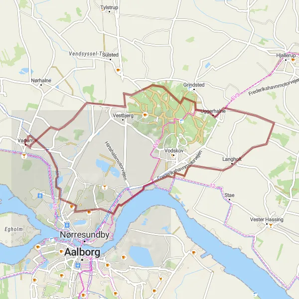 Map miniature of "Vadum to Vestbjerg Gravel Route" cycling inspiration in Nordjylland, Denmark. Generated by Tarmacs.app cycling route planner